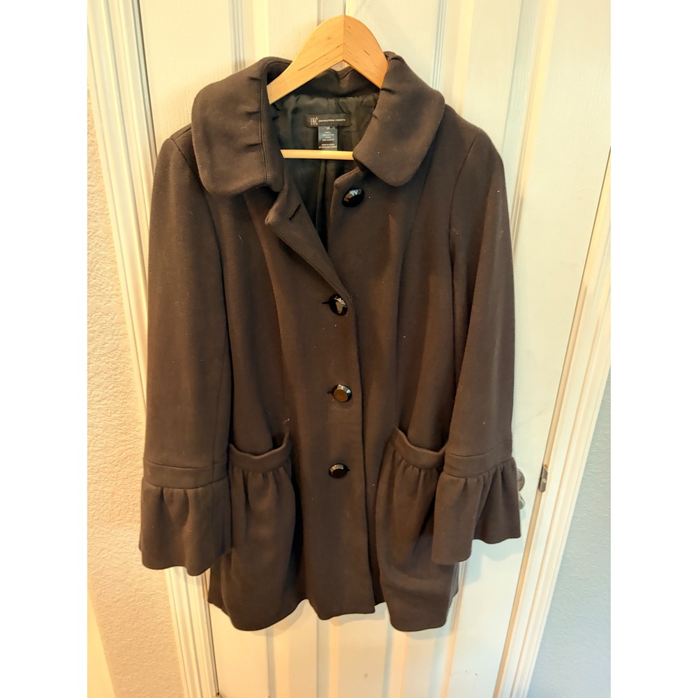 INC International Concepts Coat Black Ruffle Pocket Cuff Button Front Peacoat
